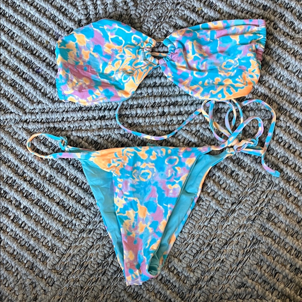 Victoria's Secret Aqua, Pink & Yellow Tie-Detail Bandeau Bikini